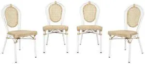 Flash Furniture Cannes Indoor/Outdoor Commercial Thonet Bistro Stack Chair - Natural PE Cane Rattan Back and Seat - White Metal Frame - Set of 4
