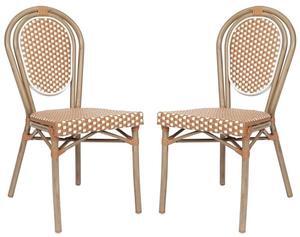 Flash Furniture Lourdes Indoor/Outdoor Commercial Thonet Bistro Stack Chair - NAT/White PE Rattan Back and Seat - Light Natural Bamboo Print Metal Frame - 2 PK