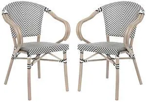 Flash Furniture Marseille Indoor/Outdoor Commercial Bistro Stack Chair - Arms - Blk/Wht Textilene Back and Seat - LT Natural Bamboo Print Metal Frame - 2 Pack