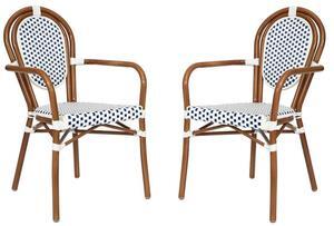 Flash Furniture Lourdes Indoor/Outdoor Commercial Thonet Bistro Stack Chair - Arms - White/Navy PE Rattan Back and Seat - NAT Bamboo Print Metal Frame - 2 PK
