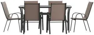 Flash Furniture Brazos Commercial Outdoor Dining Set, 60" Tempered Glass Patio Table with Umbrella Hole, 6 Stack Chairs with Flex Comfort Seats and Backs, Brown/Black