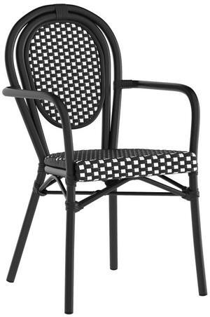Flash Furniture Lourdes Indoor/Outdoor Commercial Thonet Bistro Stack Chair - Curved Arms - Black/White PE Rattan Back and Seat - Black Metal Frame