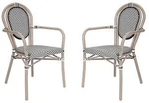 Flash Furniture Marseille Indoor/Outdoor Commercial Bistro Chair with Arms - BLK/White Textilene Back and Seat - LT NAT Bamboo Print Metal Frame - Set of 2