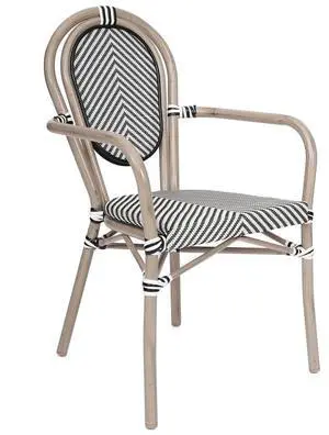 Flash Furniture Marseille Indoor/Outdoor Commercial Bistro Stack Chair - Curved Arms - Black/White Textilene Back and Seat - LT NAT Bamboo Print Metal Frame