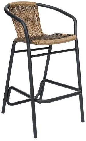 Flash Furniture Lila Commercial Grade Rattan Indoor-Outdoor Commercial Restaurant Barstool - Rattan Seat and Back - Footrest - Medium Brown - 4 Pack