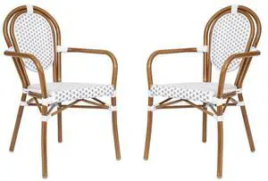 Flash Furniture Lourdes Indoor/Outdoor Commercial Thonet Bistro Stack Chair - Arms - White/Gray PE Rattan Back and Seat - NAT Bamboo Print Metal Frame - 2 PK