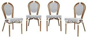 Flash Furniture Lourdes Indoor/Outdoor Commercial Thonet Bistro Stack Chair - White/Navy PE Rattan Back and Seat - Natural Bamboo Print Metal Frame - Set of 4