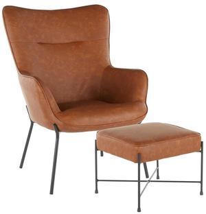 LumiSource Izzy Lounge Chair with Ottoman, Modern, Brown, Faux Leather, Tufted Back, Armrest, Indoor Use