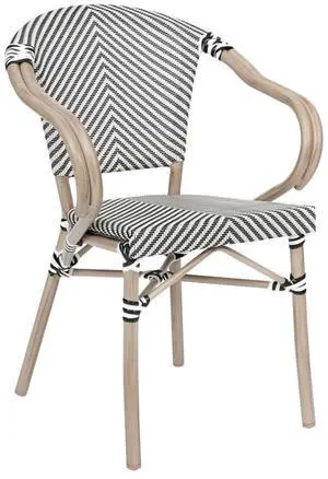 Flash Furniture Marseille Indoor/Outdoor Commercial Bistro Stack Chair - Curved Arms - Black/White Textilene Back and Seat - LT NAT Bamboo Print Metal Frame