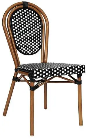 Flash Furniture Lourdes Indoor/Outdoor Commercial Thonet Bistro Stack Chair - Black/White PE Rattan Back and Seat - Natural Bamboo Print Metal Frame