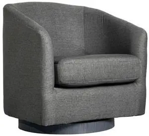 Flash Furniture Landon Upholstered Barrel Chair, Commercial 360° Swivel Club Style Chair, Sloped Armrests, Woodgrain Vinyl Wrapped Metal Base, Dark Gray Fabric