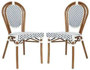 Flash Furniture Lourdes Indoor/Outdoor Commercial Thonet Bistro Stack Chair - White/Navy PE Rattan Back and Seat - Natural Bamboo Print Metal Frame - Set of 2