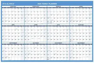 2025 AT-A-GLANCE® Horizontal Reversible Erasable Yearly Wall Calendar, 48" x 32", Blue, January To December