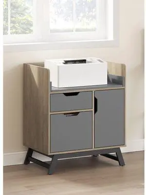 Realspace® Nashira 27"W Printer Stand With Charging Station, Light Oak/Gray