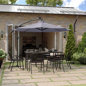 Flash Furniture Sedona Round Solar Cantilever Umbrella, Commercial Grade with Built in Cross Base, Crank and Tilt, 32 LED Lights, 6 Hour Run Time, 10 FT, Gray