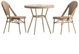 Flash Furniture Lourdes Indoor/Outdoor Commercial Bistro Set - Tempered Glass Top Table - 2 Chairs - PE Rattan - Lt NAT Bamboo Print Aluminum Frame - NAT/Wht