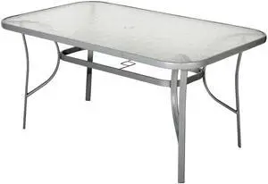 Flash Furniture Tory Rectangle Patio Table with Umbrella Hole, Commercial All-Weather Table with Heat Resistant Tempered Glass, Steel Tube Frame, 35x 59, Silver