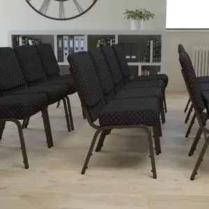 Black Dot Patterned Fabric 21" W Stacking Church Chair | Gold Vein Frame, Fabric Upholstery Black Dot Patterned Fabric 21" W Stacking Church Chair | Gold Vein Frame, Fabric Upholstery