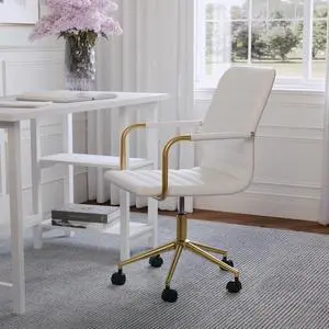 Martha Stewart Taytum Swivel Task Chair with Armrests for Home Office in White Faux Leather with Polished Brass Frame