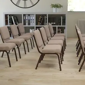 Beige Fabric 21" W Stacking Church Chair | Copper Vein Frame, Fabric Upholstery Beige Fabric 21" W Stacking Church Chair | Copper Vein Frame, Fabric Upholstery