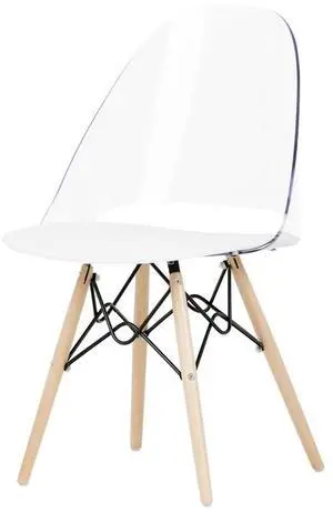 South Shore Annexe Mid-Century Modern Eiffel Office Chair, Wooden Legs, Clear and White 19.5D x 16.25W x 32.5H in