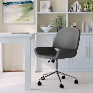 Martha Stewart Tyla Armless Swivel Task Chair for Home Office in Gray Faux Leather with Polished Nickel Frame