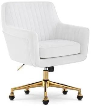 Serta Ashleigh Modern Office Chair, Channel-Tufted Design, Pocket Coil Seat Cushion, Stylish Mid-Century Accent Armchair, Women's Vanity or MakeupChair, Polished Gold Swivel Base, White Velvet Fabric