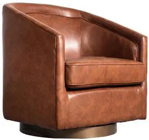 Flash Furniture Dean Upholstered Barrel Chair, Commercial 360° Swivel Club Style Chair, Sloped Armrests, Brushed Metallic Vinyl Wrapped Metal Base, Brown LeatherSoft