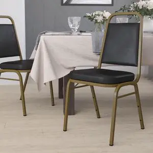 Black Vinyl Trapezoidal Back Stacking Banquet Chair | Gold Frame, Vinyl Upholstery Black Vinyl Trapezoidal Back Stacking Banquet Chair | Gold Frame, Vinyl Upholstery