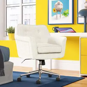 Serta Ashland Home Office Desk Chair with Button Tufted Mid-Back, Memory Foam Cushion and Padded Arms, Mid Century Modern Vanity Armchair with Wheels for Bedroom, Chrome Metal Base, Ivory