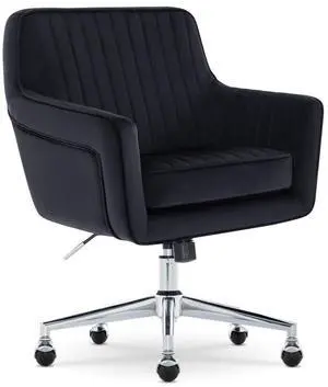 Serta Ashleigh Modern Office Chair, Channel-Tufted Design, Pocket Coil Seat Cushion, Stylish Mid-Century Accent Armchair, Women's Vanity or MakeupChair, Chrome Swivel Base, Black Velvet Fabric
