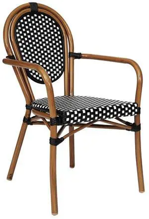 Flash Furniture Lourdes Indoor/Outdoor Commercial Thonet Bistro Stack Chair - Curved Arms - Black/White PE Rattan Back and Seat - Bamboo Print Metal Frame