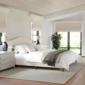 Martha Stewart Amelia Platform Bed with Curved Headboard and Cushioned Side Rails, Faux Linen Upholstery, Wood Slat Foundation, No Box Spring Needed, King, Beige