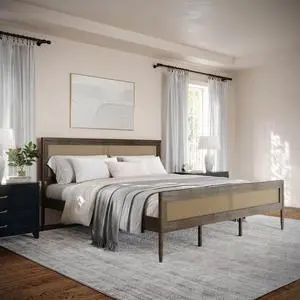 Martha Stewart Jax Platform Bed with Rattan Headboard and Footboard, Solid Wood Frame, Wooden Support Slats, No Box Spring Needed, King Size, Brown Gray
