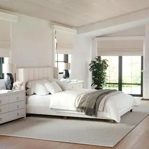 Martha Stewart Kay Low Profile Platform Bed with Wingback Headboard, Channel Stitched Faux Linen Upholstery, No Box Spring Needed, Queen, Beige