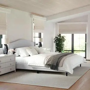 Martha Stewart Amelia Platform Bed with Curved Headboard and Cushioned Side Rails, Faux Linen Upholstery, Wood Slat Foundation, No Box Spring Needed, King, Gray