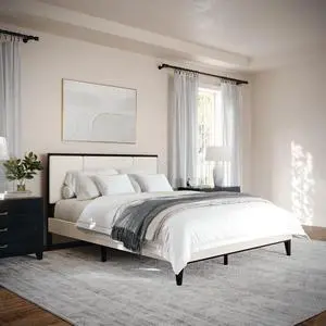 Martha Stewart Jett Platform Bed with Headboard, Fabric Upholstered Inset Headboard and Base, Solid Wood Frame, No Box Spring Needed, Queen, Dark Brown/Beige