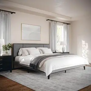Martha Stewart Jett Platform Bed with Headboard, Fabric Upholstered Inset Headboard and Base, Solid Wood Frame, No Box Spring Needed, King, Brown Gray/Gray