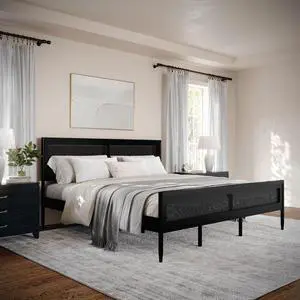 Martha Stewart Jax Platform Bed with Rattan Headboard and Footboard, Solid Wood Frame, Wooden Support Slats, No Box Spring Needed, King Size, Black
