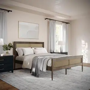 Martha Stewart Jax Platform Bed with Rattan Headboard and Footboard, Solid Wood Frame, Wooden Support Slats, No Box Spring Needed, Queen Size, Brown Gray
