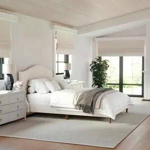 Martha Stewart Amelia Platform Bed with Curved Headboard and Cushioned Side Rails, Faux Linen Upholstery, Wood Slat Foundation, No Box Spring Needed, Full, Beige