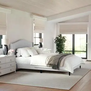 Martha Stewart Amelia Platform Bed with Curved Headboard and Cushioned Side Rails, Faux Linen Upholstery, Wood Slat Foundation, No Box Spring Needed, Queen, Gray