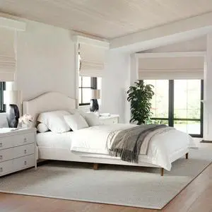 Martha Stewart Amelia Platform Bed with Curved Headboard and Cushioned Side Rails, Faux Linen Upholstery, Wood Slat Foundation, No Box Spring Needed, Queen, Beige