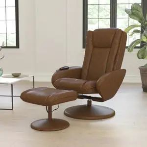 Flash Furniture Poppy Massaging Multi-Position Plush Recliner with Side Pocket and Ottoman in Brown LeatherSoft