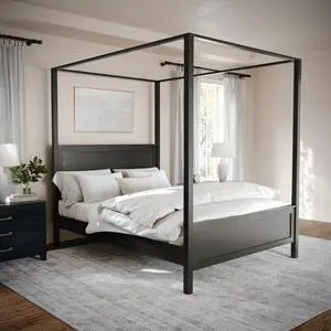 Martha Stewart Hayes Canopy Platform Bed with Wood Headboard and Footboard, Solid Wood Frame, No Box Spring Needed, Queen Size, Dark Gray