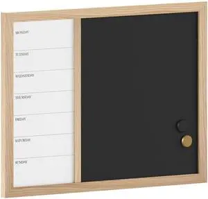 Martha Stewart Everette Magnetic Weekly Calendar Dry Erase Board and Chalk Board with Liquid Chalk Marker and Magnets, 24"x18", Light Natural Woodgrain Frame