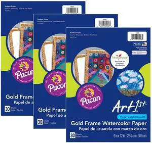 Watercolor Paper, Gold Frame, 9" x 12", 30 Sheets Per Pack, 3 Packs