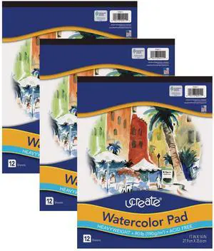UCreate Watercolor Pad, 90 lb., 11" x 14", 12 Sheets, Pack of 3