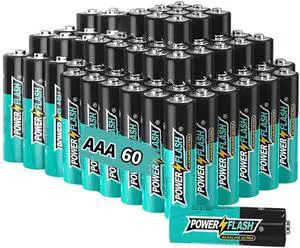 POWER FLASH Alkaline AAA60 Batteries 1.5V long lasting batteries are ideal for use in high tech devices, clocks, remotes, and other household devices.