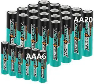 POWER FLASH Alkaline AA20 AAA6 Batteries 1.5V Long Lasting Batteries are Ideal for use in high tech Devices, Clocks, remotes, and Other Household Devices.